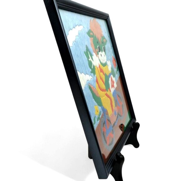 DRAGON on Bicycle NEEDLEPOINT Framed in Black Wood Frame 10.7 x 9.5" Vintage - Picture 5 of 10